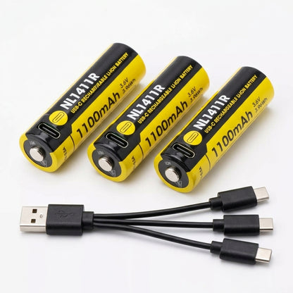 3x Nitecore NL1411R + USB-A zu 3x USB-C Ladekabel